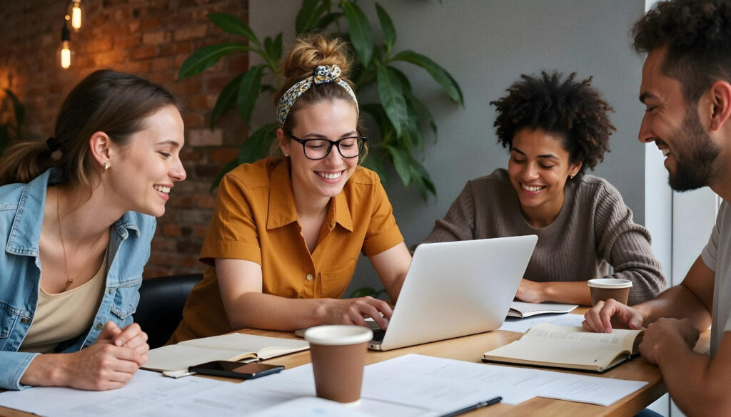 Group collaboration around a laptop in a creative workspace.